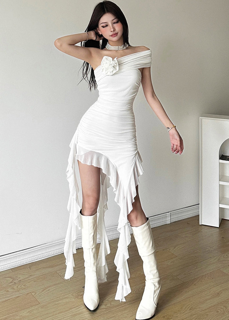 Novelty White Cold Shoulder Ruffled Patchwork Long Dresses Summer
