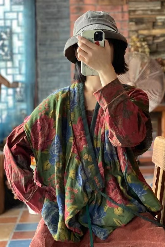 -red and Green Loose Padded Lace-up Jacket