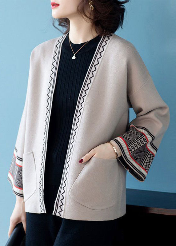 Camel V Neck Print Pockets Patchwork Knit Cardigans Fall