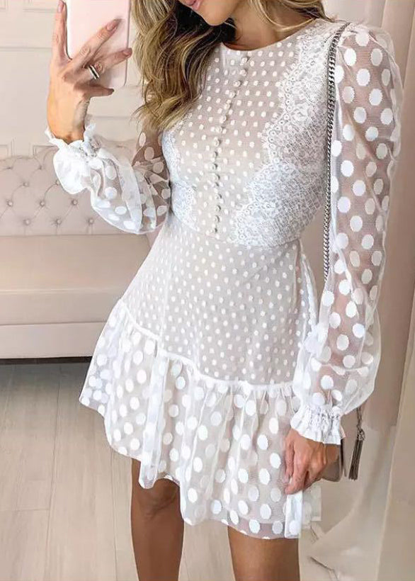 French White O Neck Dot Patchwork Lace Mid Dresses Fall