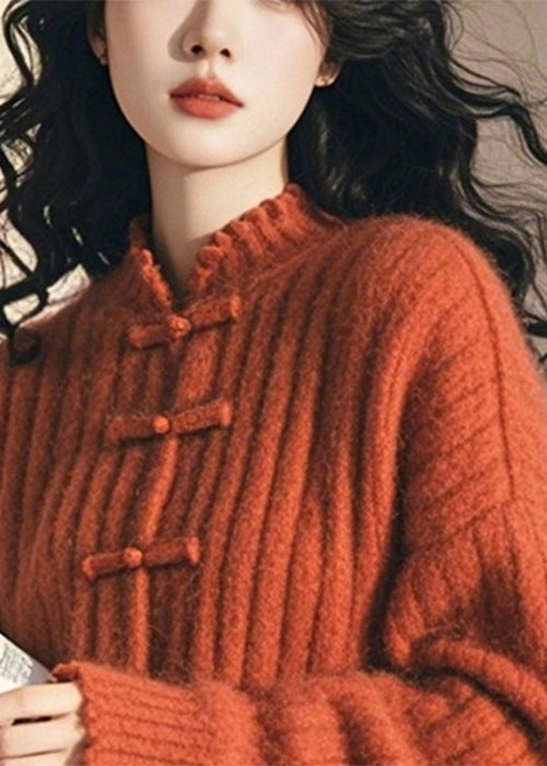 Orange Ruffled Button Cozy Cotton Knit Coat Fall