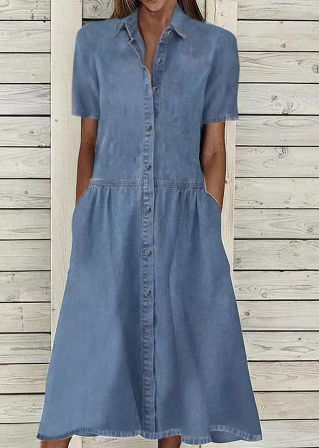 Blue Peter Pan Collar Button Denim Dress Summer