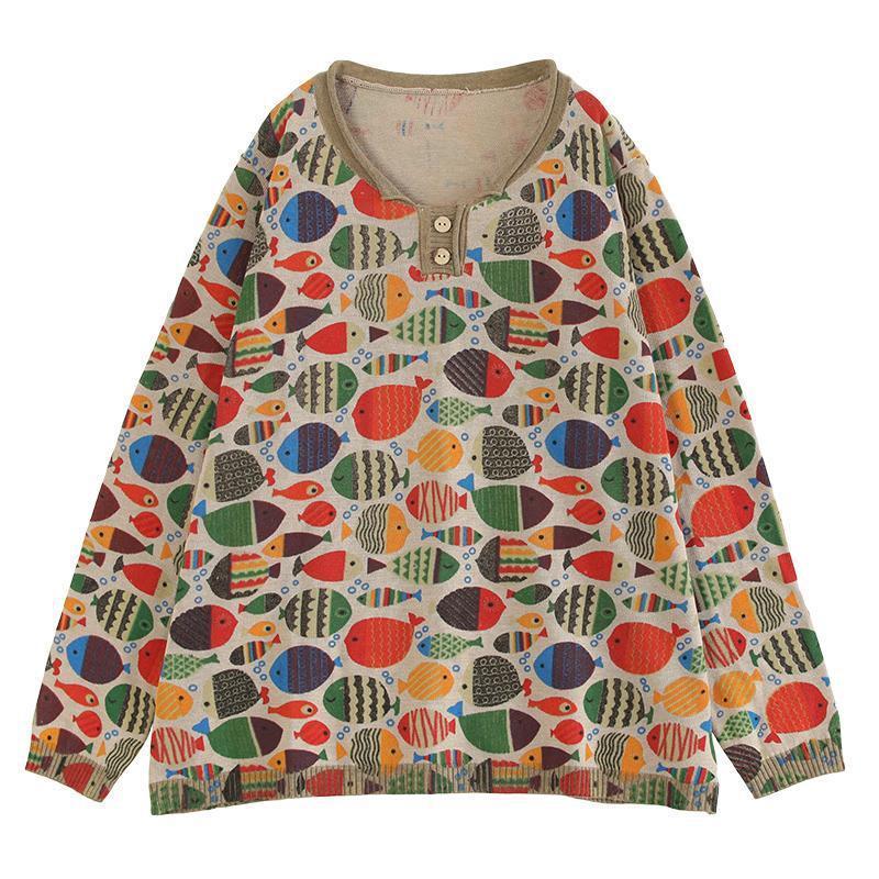 Round Neck Fish Print Knitted T-shirt
