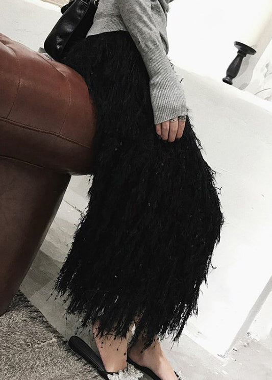 Black Feather Knit Fall Skirts High Waist
