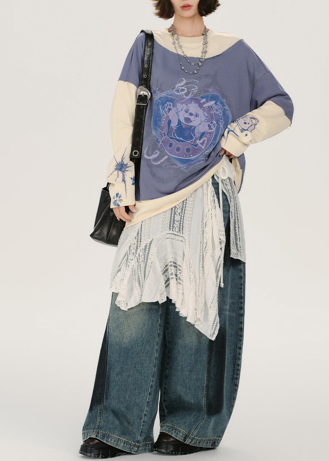 Lavender Oversized Patchwork Cotton Sweatshirt Spring