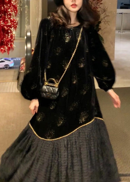 Organic Black O-neck Patchwork Sequins Silk Velvet Maxi Dress Fall