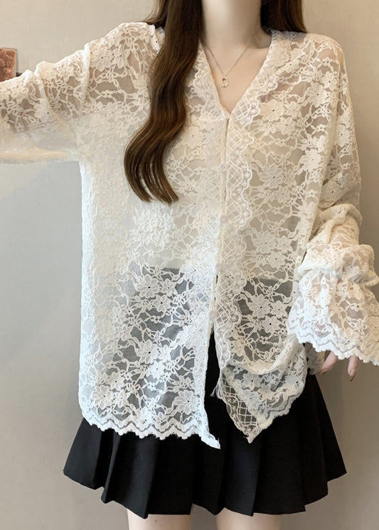 Beige V Neck Button Lace Shirt Flare Sleeve