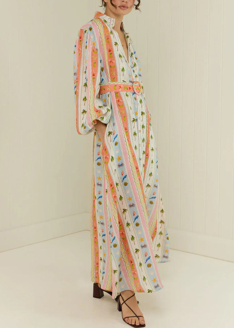 Peter Pan Collar Print Sashes Cotton Dress Long Sleeve