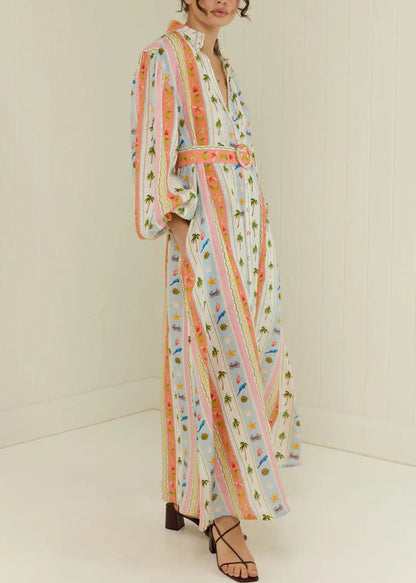 Peter Pan Collar Print Sashes Cotton Dress Long Sleeve