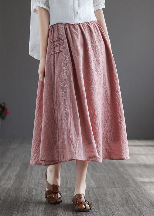 Pink Embroidered Chinese Button Linen Skirts Spring