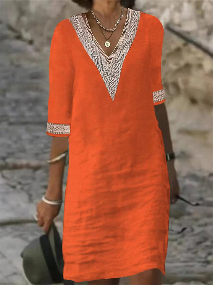 Colour V-neck Lace Trimmed Mid-sleeved Cotton and Linen Dress