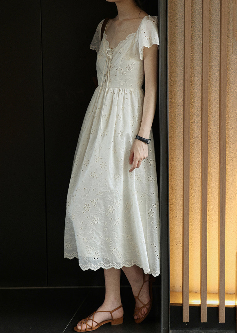 Beige Embroidered Lace Up Cotton Long Dress Summer