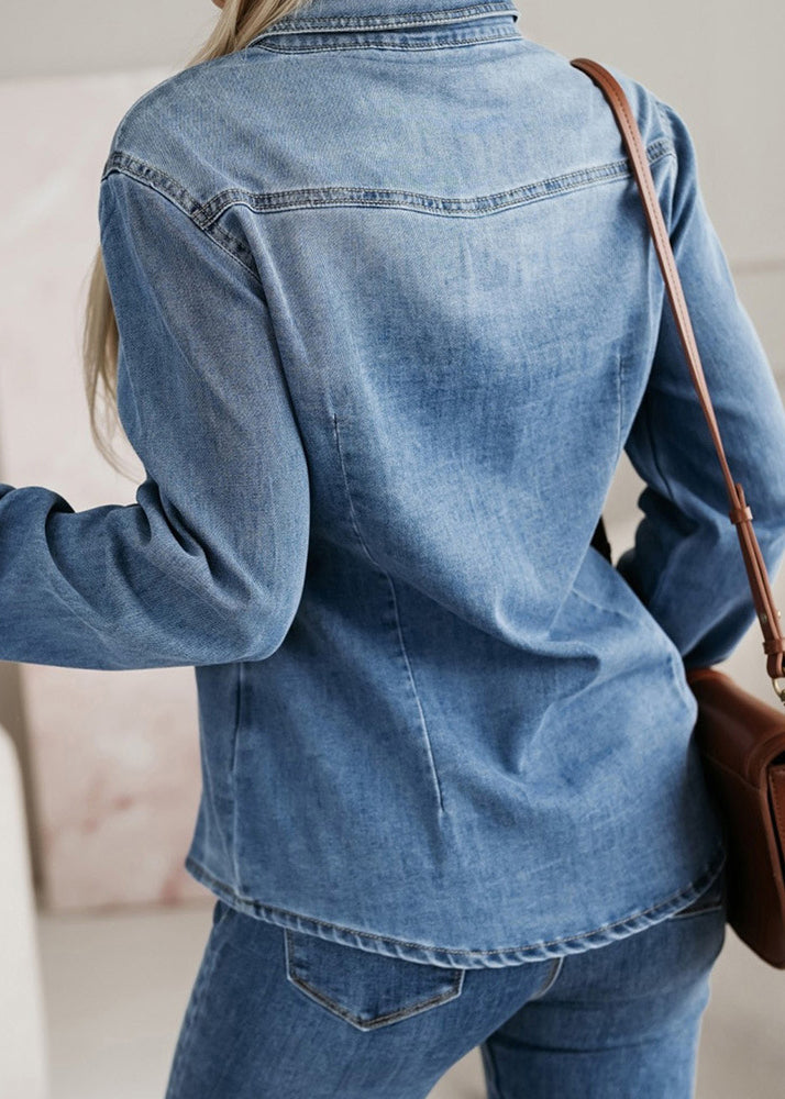 Italian Blue Peter Pan Collar Button Denim Blouse Top Fall