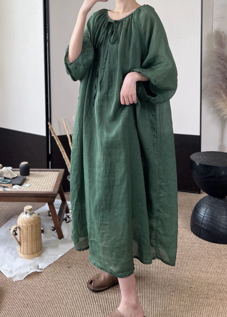 Green Lace Up Linen Long Dresses Fall