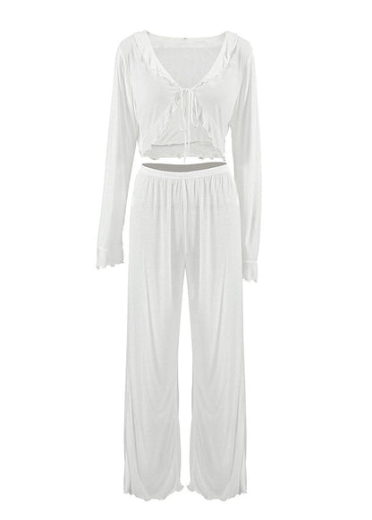White Lace Up Tops and Pants Cotton Two-piece Set Summer