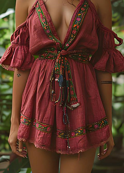 Red Cold Shoulder Lace Up Patchwork Cotton Mid Dresses Summer