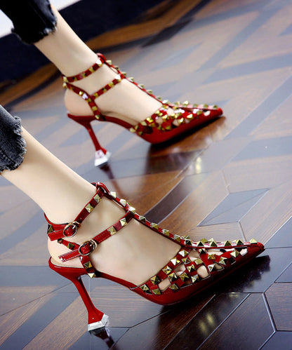 Wine Red Hollow Out Rivet Pointed Stiletto High Heels