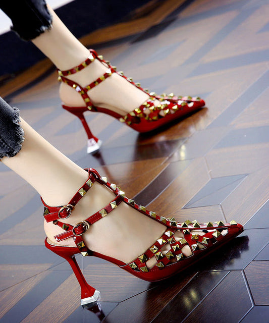 Wine Red Hollow Out Rivet Pointed Stiletto High Heels