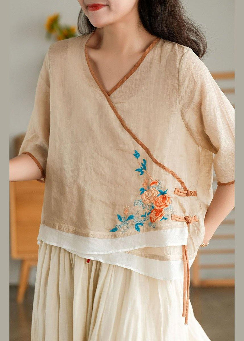 Style Yellow Embroidered Asymmetrical Design Ramie Summer Blouses