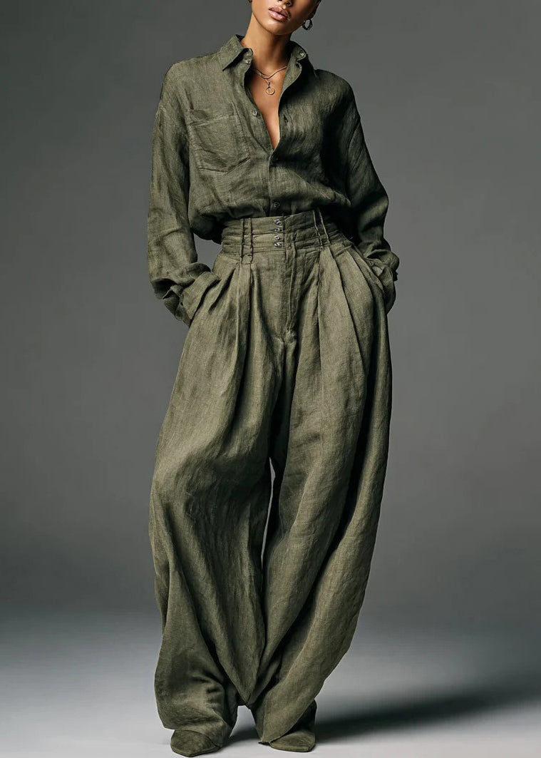 Army Green Button Pockets Shirts and Pants Two Piece Set Spring
