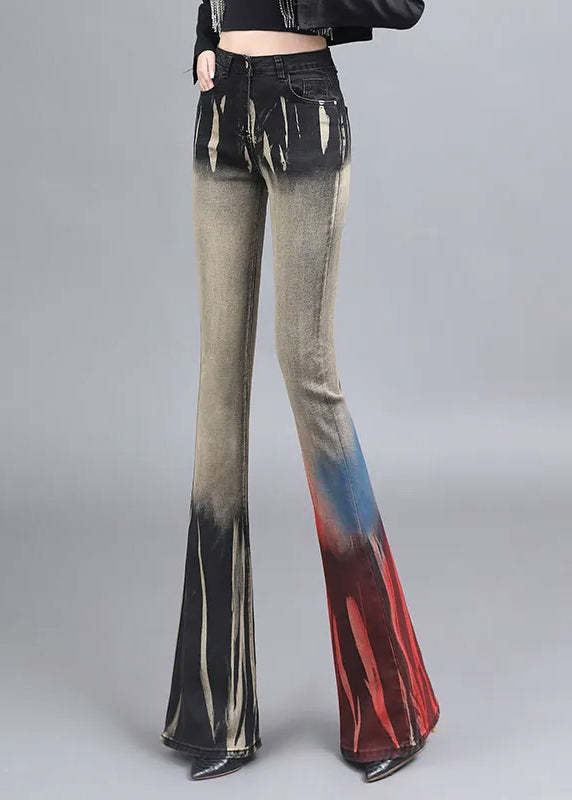 Asymmetrical Tie Dye Denim Bell-bottom Trousers Spring