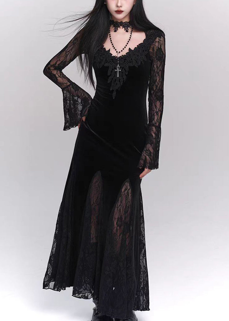 Black Hollow Out Lace Patchwork Silk Velvet Maxi Dresses Flare Sleeve
