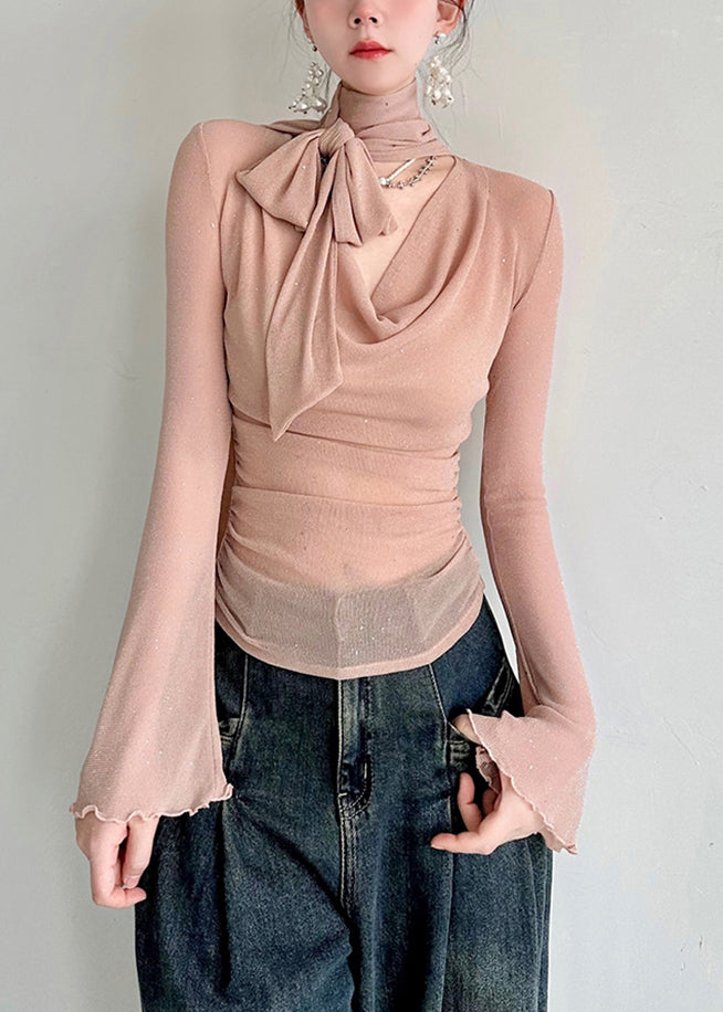 Pink V Neck Tulle T Shirts Fall