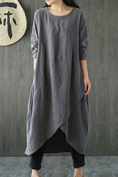 -new Loose Cotton Linen Dress Long Sleeve Dress