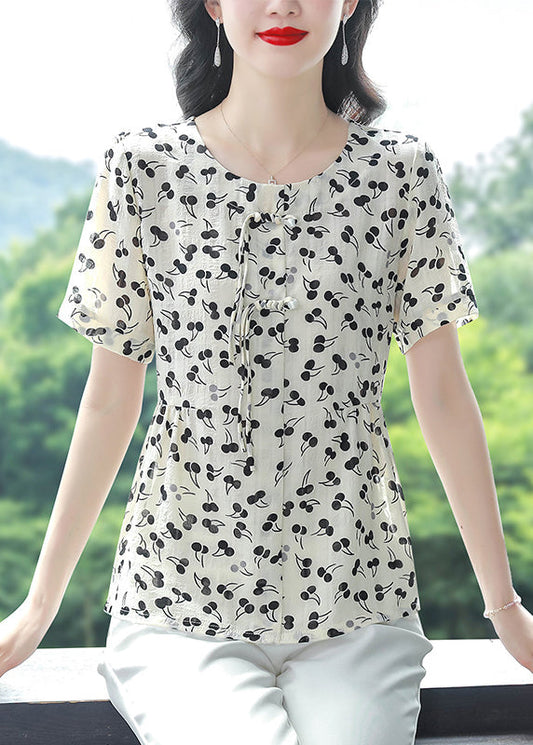 O-neck Tasseled Print Chiffon Blouses Summer