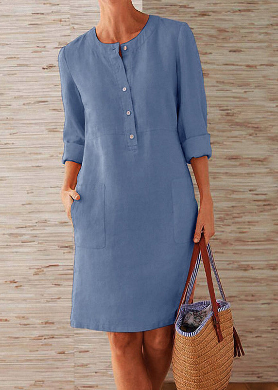 Orange O Neck Pockets Cotton Dress Fall