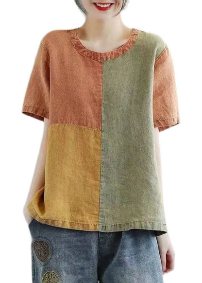 Diy Orange O-neck Patchwork Original Design Linen Tank Top Short Sleeve