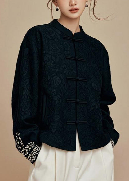 Jacquard Black Stand Collar Cotton Coats Fall