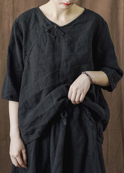 New Black Button Tops and Skirts Linen Two Piece Set Bracelet Sleeve