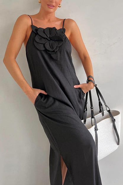 Vacay Ready Linen Blend Embellishment Pocketed Slit Maxi Dress