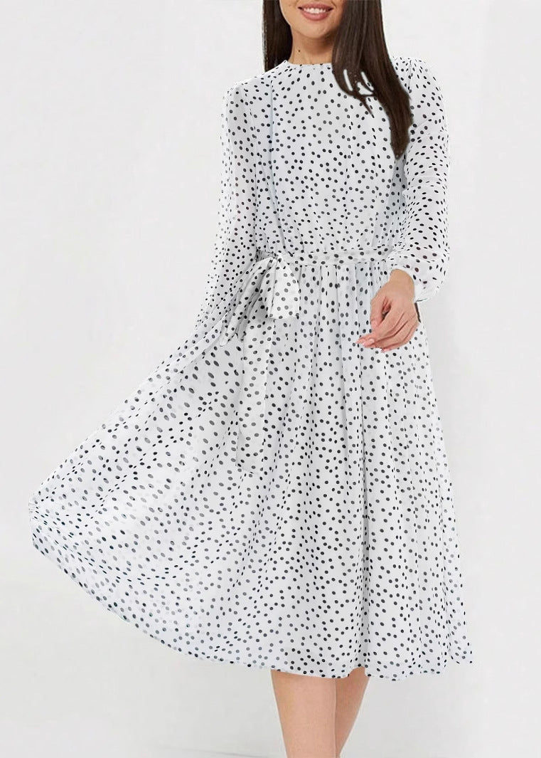 New White O Neck Dot Print Chiffon Dresses Long Sleeve