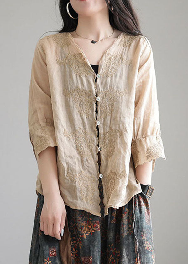 Unique Khaki Embroidered Linen Shirt Half Sleeve