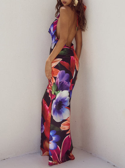Halter Neck Print Deep V Backless Maxi Dress