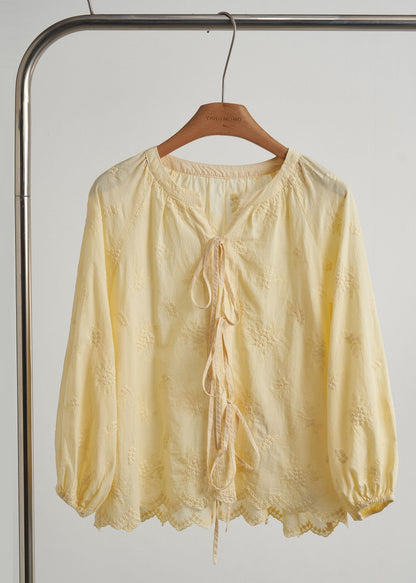 Yellow Embroidered Lace Up Cotton Shirt Top Fall