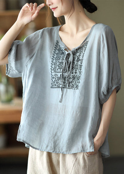 Brief Dusty Blue O-neck Embroidered Lace Up Linen Tops Half Sleeve