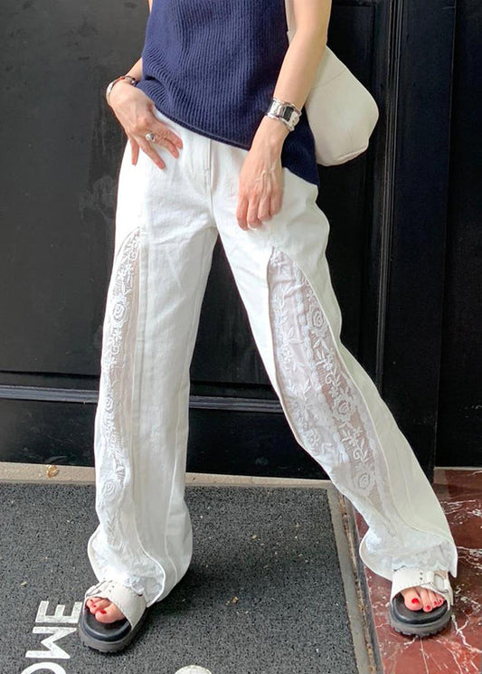 White Pockets Lace Patchwork Cotton Pants Summer