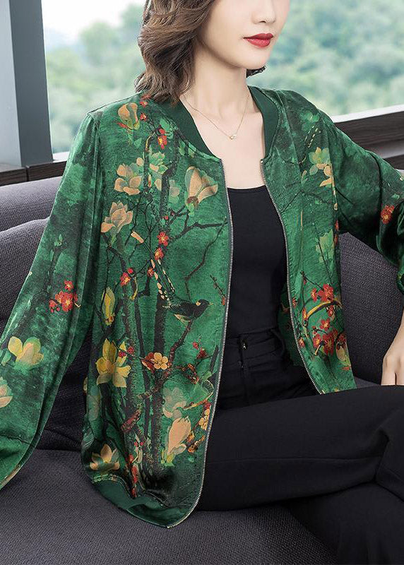Green O-neck Print Zip Up Silk Coats Long Sleeve