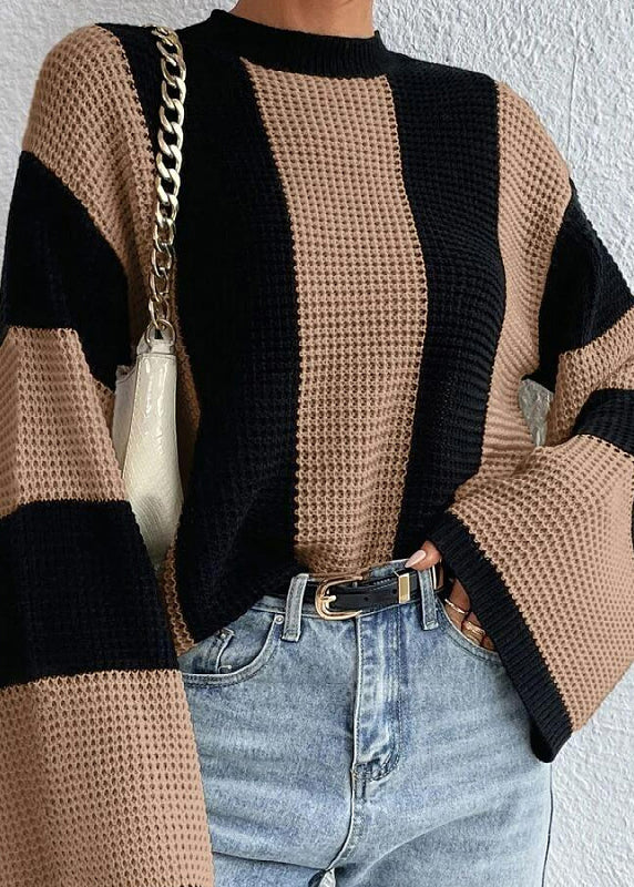 Khaki O Neck Striped Knit Sweaters Fall