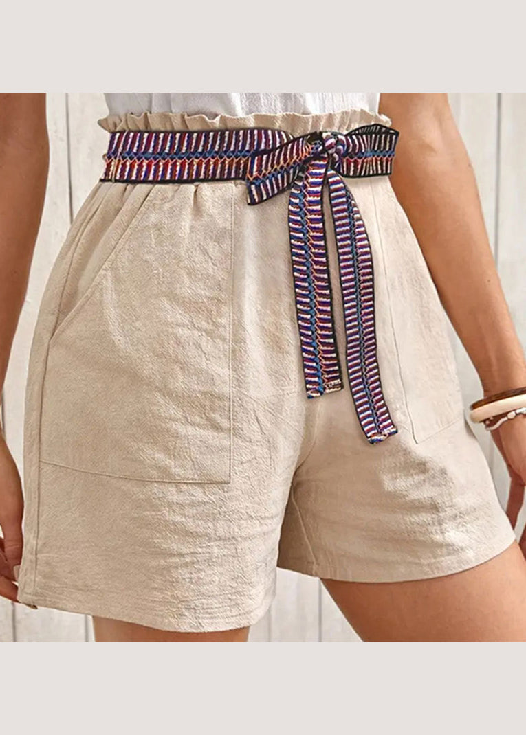 Apricot Lace Up Pockets Cotton Shorts Summer