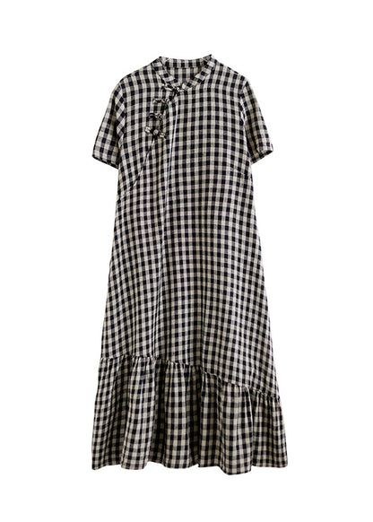 Big Plaid Stand Collar Patchwork Cotton Dress Summer