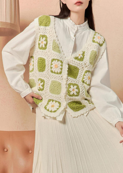 Green Button Hollow Out Knit Waistcoat Sleeveless