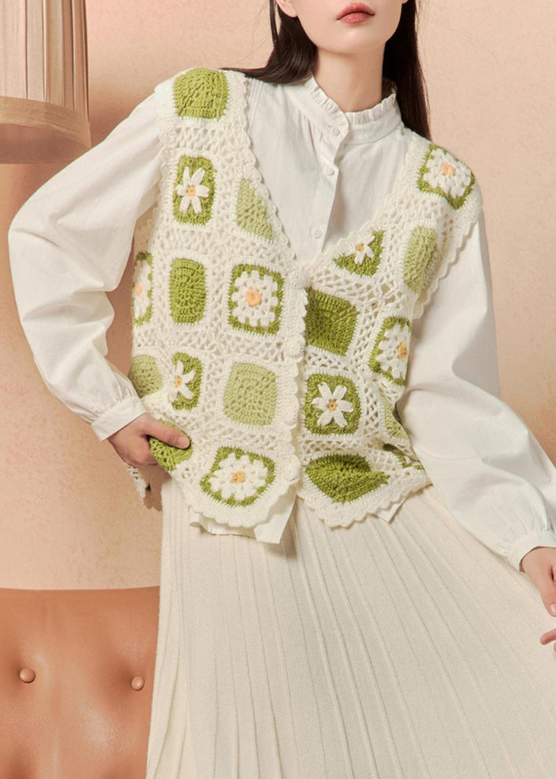 Green Button Hollow Out Knit Waistcoat Sleeveless
