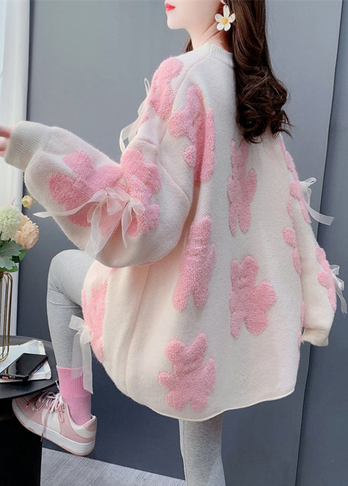 Jacquard White O-neck Bow Cozy Knit Sweater Spring