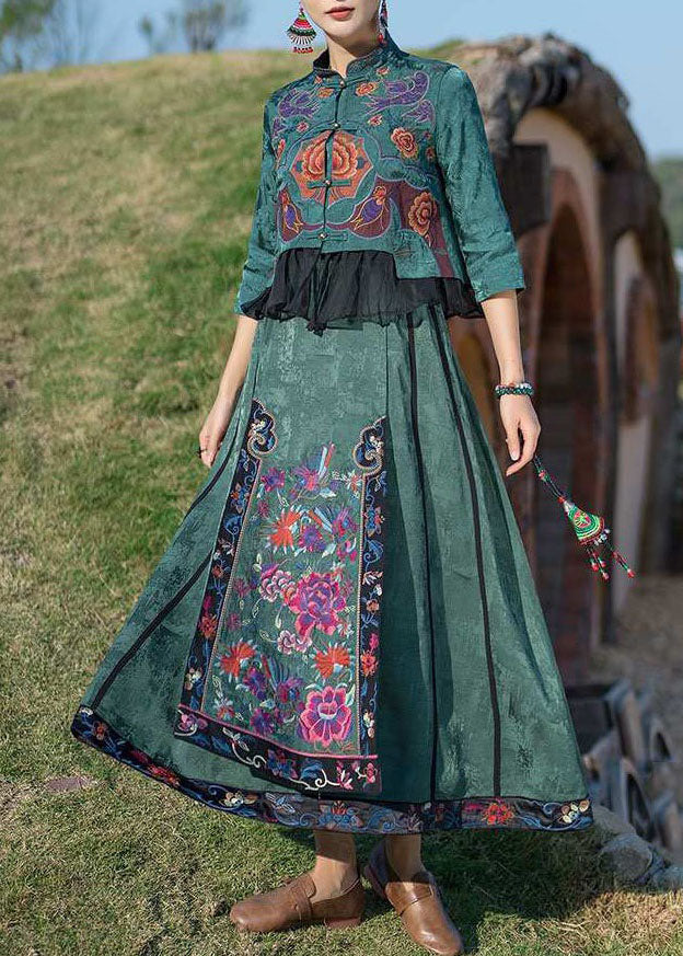Fine Green Wrinkled Embroidered Pockets Patchwork Silk Skirt Summer