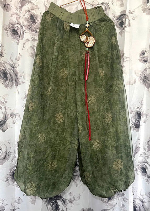 Green Print Elastic Waist Tulle Crop Pants