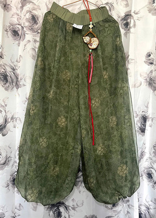 Green Print Elastic Waist Tulle Crop Pants